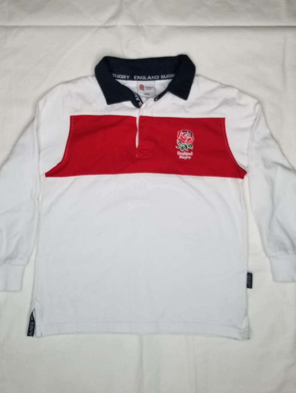 England Rugby Union Shirt Polo White Red Rose Long Sleeve Kid's Size 7/8 Import